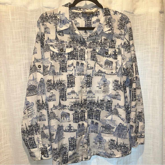 Karl Lagerfeld Womens Blouse XL Paris Print Button Up Roll Tab Parisian Scene - Picture 2 of 15
